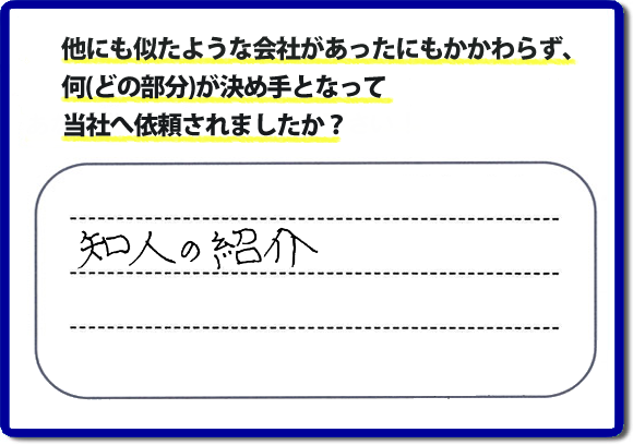 口コミ評判１３　知人の紹介。　当社にはリピーターさまをはじめ、ご依頼いただいたお客様からのご紹介により、ご依頼をしてくださる方々もたくさんいます。お客様からの評判が次の依頼者さまへの架け橋へ。また、当社へはたくさんの口コミコメントもいただいています。電話の対応、信頼できる、安心して任せらる便利屋・何でも屋として「【便利屋】暮らしなんでもお助け隊 福岡荒江店」（福岡）へご依頼をいただき続けて２０年。家丸ごと片付け、不用品片付け、ハウスクリーニング、リフォーム、ちょっとした作業でも構いませんので、まずはお電話ください。福岡で口コミ評判一番の何でも屋、【便利屋】暮らしなんでもお助け隊 福岡荒江店