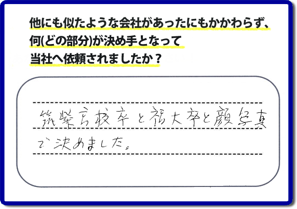 口コミ評判２１　「筑紫高校卒と福大卒と顔写真で決めました。」便利屋・何でも屋 【便利屋】暮らしなんでもお助け隊 福岡荒江店 福岡では、チラシをはじめホームページにも代表の山口の自己紹介、活躍するスタッフの顔写真、お客様の笑顔とメッセージ、これまでの施工写真 をたくさん掲載しています。少しでもお客様の不安がなくなればと思いから、当社の細かな情報をできるだけお伝えできたらと思っています。ご依頼いただけるきっかけとなれば幸いです。普段の生活で困ったことがあったらすぐにご相談ください。