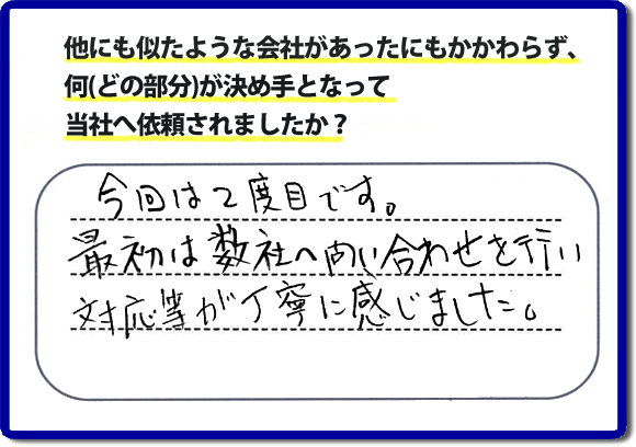 口コミ評判１４　今回で２度目です。最初は弊社へ問合せを行い対応等が丁寧に感じました。便利屋・何でも屋の「【便利屋】暮らしなんでもお助け隊 福岡荒江店」（福岡）のホームページでは、代表者山口は、電話の対応に気を付けています。スタッフの顔写真・お客様の笑顔・実際のお客様の口コミ評判コメントを掲載しています。安心と信頼を心がけ作業を行い続けて２０年。家のことで困ったら町の便利屋・何でも屋の【便利屋】暮らしなんでもお助け隊 福岡荒江店　電話番号0120-263-101へお電話ください。